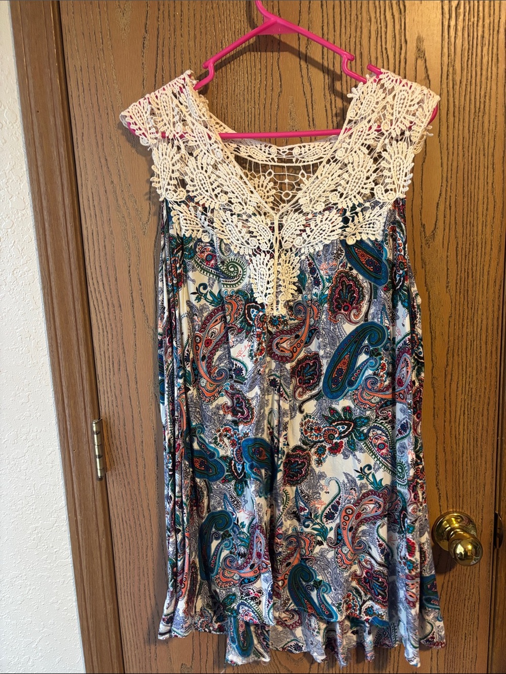 Umgee Paisley Mini Dress with Crochet Yoke in Cream, Teal, Navy, Pink